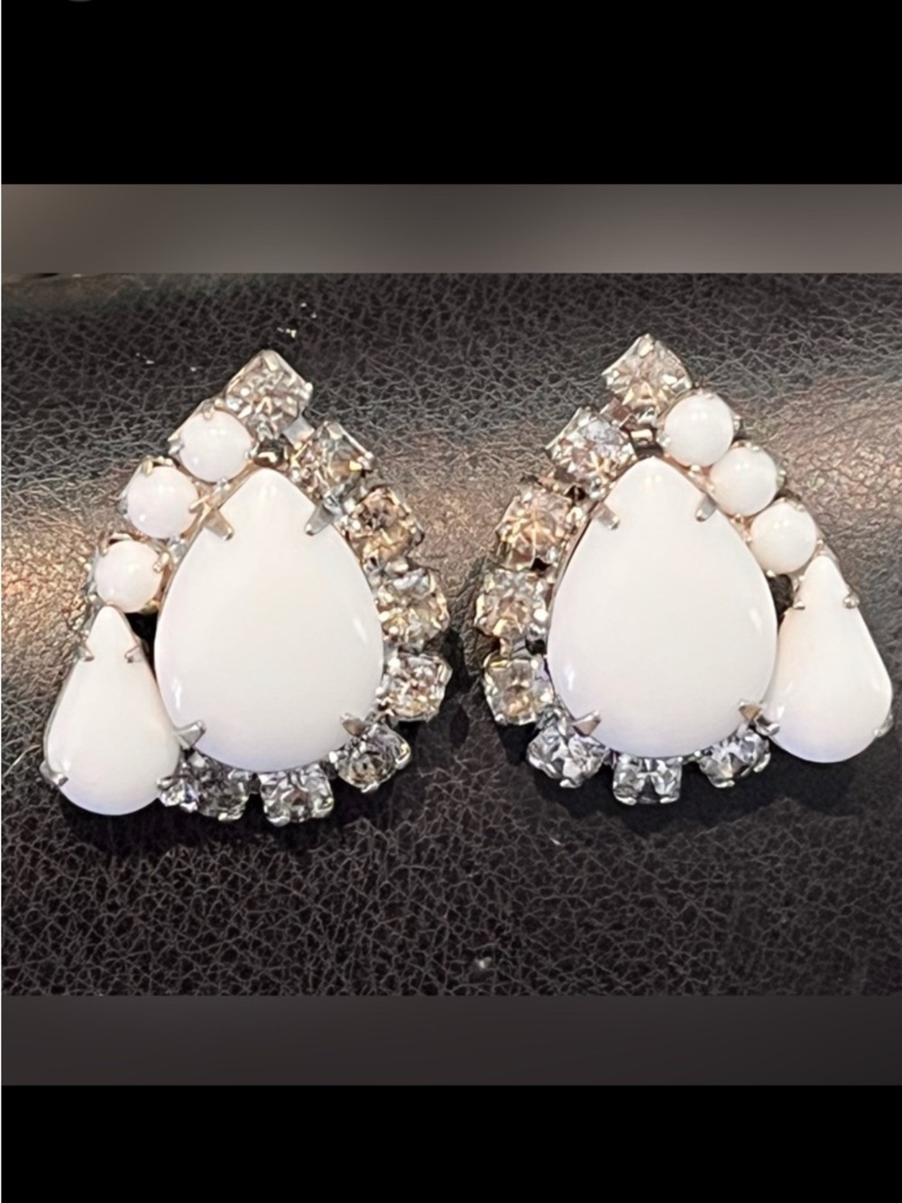 Vintage Milk Glass Rhinestone Clip-On Earrings White Teardrop Bridal Retro Glam